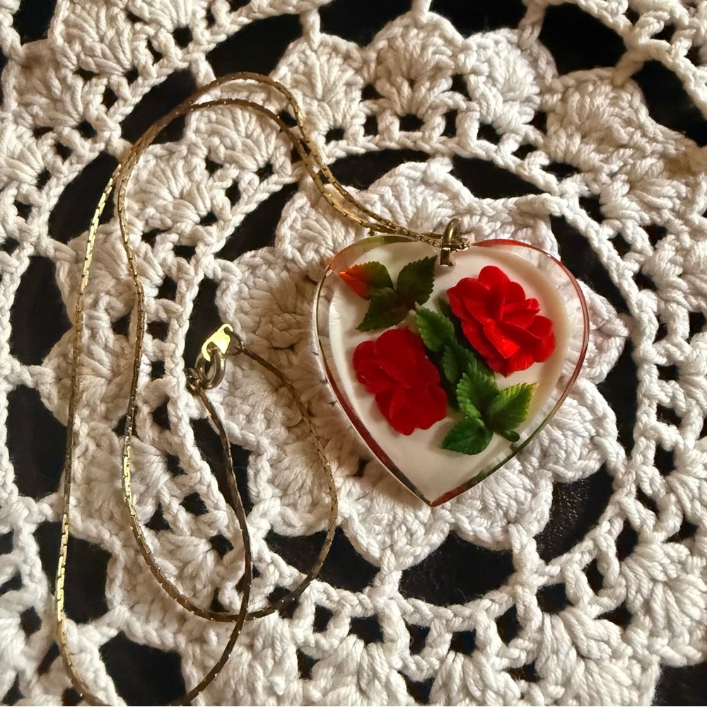 Heart Pendant Necklace with Red Rose Motif - Women Jewelry